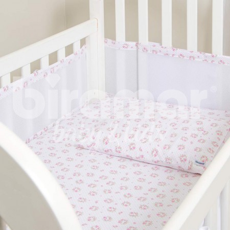 Tela Respirável Protetora para Grade de Berço Tiffany Floral Poá Rosa - 4 Lados