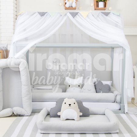 Kit Montessoriano Mini Cama Rolinho 4 Peças Listrado Cinza (Colchão 1,50 x 0,70)