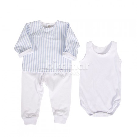 Conjunto Pagão para Bebê 3 Peças Estampado Listrado Azul - Tamanho Único