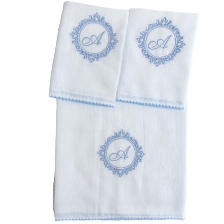 Boquinha Fralda Cremer 3 Peças para Bebê Personalizada Marseille Branco / Azul