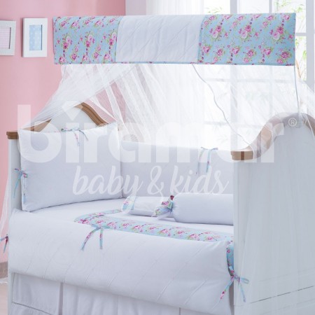 Kit Enxoval de Berço Baby Basic Catarina Turquesa 9 peças com Mosquiteiro