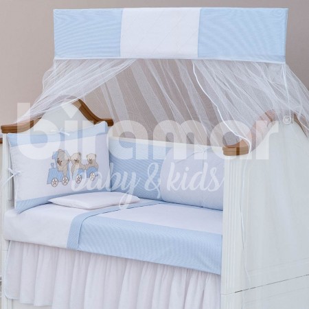 Kit Enxoval de Berço Lollipop II Ursinho Maquinista Listrado Azul 9 peças com mosquiteiro