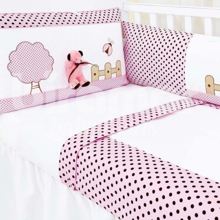 Kit Enxoval de Berço Lollipop Urso Arvore Chocolate Rosa 9 Peças com Mosquiteiro
