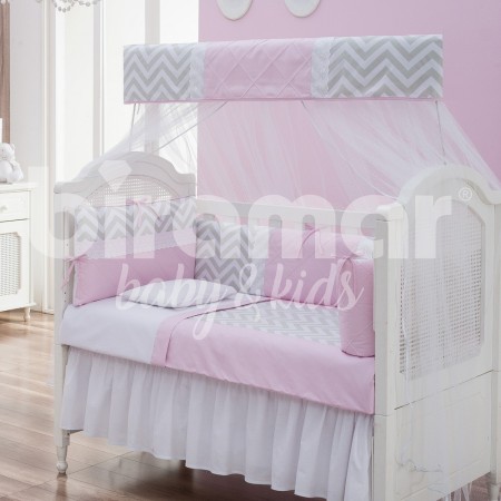 Kit Enxoval de Berço Lollipop Percal Chevron Rosa 9 peças com Mosquiteiro