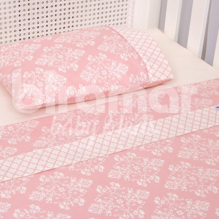 Jogo de Lençol para Berço 3 Peças Estampado Jardim Secreto Arabesco Rosa Percal 180 Fios
