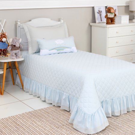 Kit Cama Solteiro com Babado 3 Peças Chuva de Amor Azul / Cinza (Colchão 1,88 x 0,88)