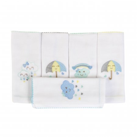 Conjunto 5 Fraldas para Bebê Cremer Luxo Bordado Chuva de Amor Branco / Azul