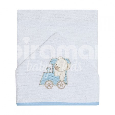 Toalha de Banho para Bebê Felpuda Revestida Lolli Ursinho Maquinista Listrado Azul