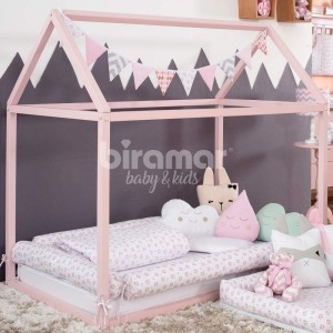 Kit Montessoriano Mini Cama Rolinho 4 Peças Tiffany Floral Poá Rosa (Colchão 1,50 x 0,70)
