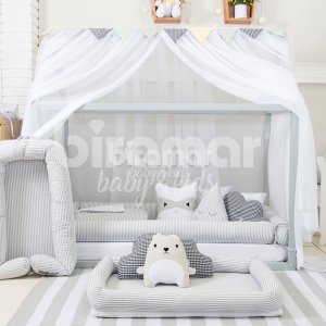Kit Montessoriano Mini Cama Rolinho 4 Peças Listrado Cinza (Colchão 1,50 x 0,70)
