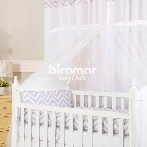 Kit Enxoval de Berço Lollipop II Chevron Cinza 9 Peças com Mosquiteiro