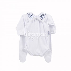 Conjunto Clássico 2 Peças para Bebê Gola Piquet Passarinho Branco/Marinho - Tamanho Único