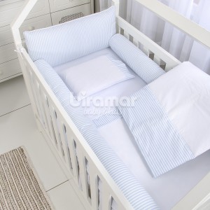 Kit Enxoval de Berço Lollipop II Listrado Médio Azul 9 Peças com Mosquiteiro