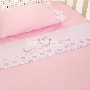 Jogo de Lençol para Berço 3 Peças Bordado Tiffany Floral Rosa Percal 180 Fios