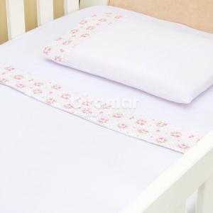Lençol para Berço 3 Peças Malha Penteada Fio 30 Cordão Floral Rosa