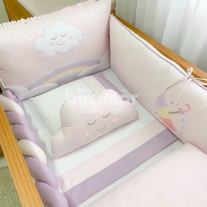 Kit Enxoval de Berço Bordado Chuva de Amor - Rosa / Lilás - 9 Peças com Mosquiteiro