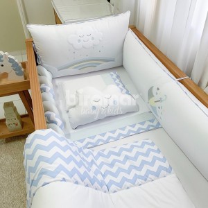 Kit Enxoval de Berço Bordado Chuva de Amor - Branco / Azul - 8 Peças