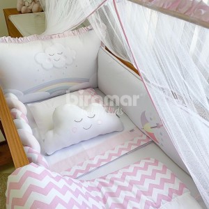 Kit Enxoval de Berço Bordado Chuva de Amor - Branco / Rosa - 9 Peças com Mosquiteiro