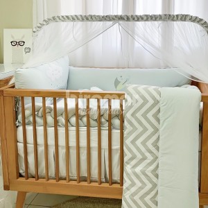 Kit Enxoval de Berço Bordado Chuva de Amor - Azul / Cinza - 9 Peças com Mosquiteiro