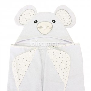 Toalha de Banho Kids Felpuda com Capuz Bichinho Ratinho Branco/Cinza