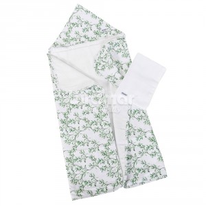 Duo Toalha de Banho para Bebê Felpuda com Tricoline e Fralda Benício Botanical Verde