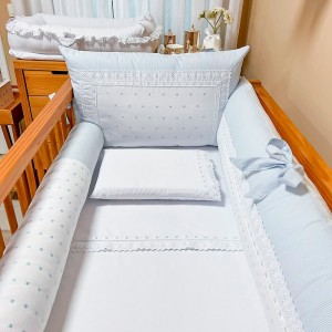 Kit Enxoval de Berço 9 peças Lateral/Rolo - Bless Percal Branco/Azul