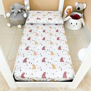Lençol para Mini Cama 2 Peças Estampado Ursos e Poás - Lençol c/ Elástico e Fronha