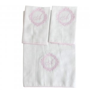 Boquinha Fralda Cremer 3 Peças para Bebê Personalizada Marseille Branco / Rosa