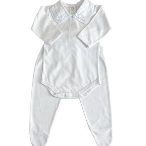 Conjunto Clássico 2 Peças para Bebê Gola Piquet Branco/Pontilhado Azul - Tamanho Único
