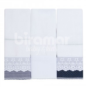Conjunto 3 Fraldas para Bebê Cremer Luxo Bordado Inglês Xadrez Marinho