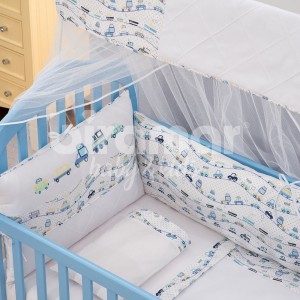 Kit Enxoval de Berço Lollipop II Carrinhos Azul 9 peças com Mosquiteiro