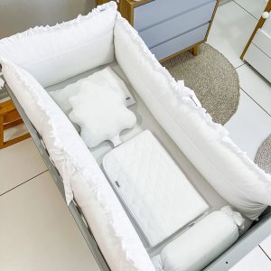 Kit Enxoval de Berço 9 Peças c/ Mosquiteiro Micropercal 300 Fios Branco Poás