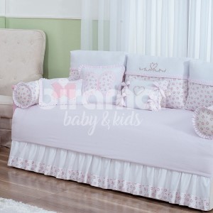 Sofá Cama 9 Peças com Saia Tiffany Floral Poá Rosa