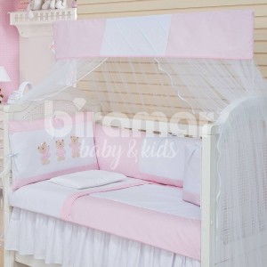 Kit Enxoval de Berço Lollipop Ursinhas Rosa 9 peças com mosquiteiro