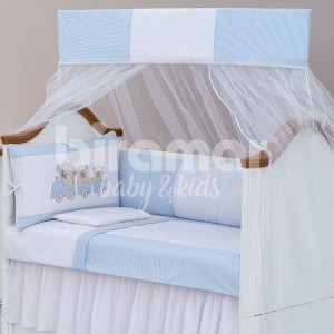 Kit Enxoval de Berço Lollipop II Ursinho Maquinista Listrado Azul 9 peças com mosquiteiro