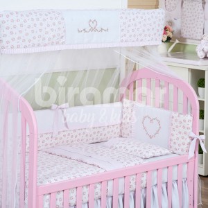 Kit Enxoval para Berço Tiffany Floral Poá Rosa 10 Peças com Mosquiteiro