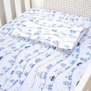 Lençol para Berço 2 Peças Estampado Carrinhos Azul - Lençol c/ Elástico e Fronha