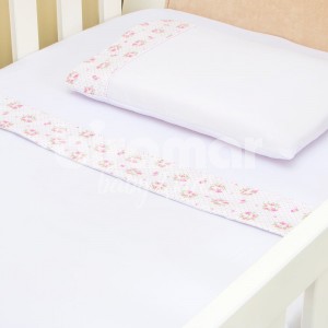 Lençol para Berço 3 Peças Malha Penteada Fio 30 Cordão Floral Poá Rosa