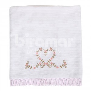 Manta para Bebê Babado com Cordão Tiffany Floral Poá Rosa