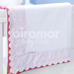 Manta Malha Bordado Inglês Forrada Vermelho 100% Algodão