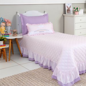Kit Cama Solteiro com Babado 3 Peças Chuva de Amor Rosa / Lilás (Colchão 1,88 x 0,88)