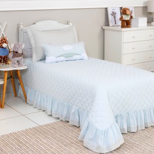 Kit Cama Solteiro com Babado 3 Peças Chuva de Amor Azul / Cinza (Colchão 1,88 x 0,88)