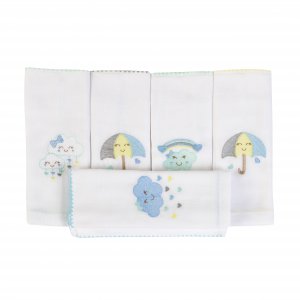 Conjunto 5 Fraldas para Bebê Cremer Luxo Bordado Chuva de Amor Branco / Azul
