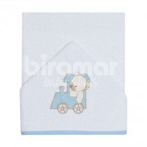 Toalha de Banho para Bebê Felpuda Revestida Lolli Ursinho Maquinista Listrado Azul