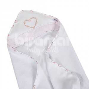 Toalha de Banho para Bebê Felpuda Revestida Bordada Viés Tiffany Floral Poá Rosa