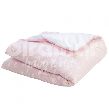 Edredom de Mini Cama Dupla Face e Duvet Estampa Cisne Rosa