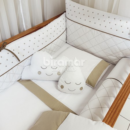 Kit Enxoval de Berço Bordado Dreams Poá Branco / Bege 10 Peças