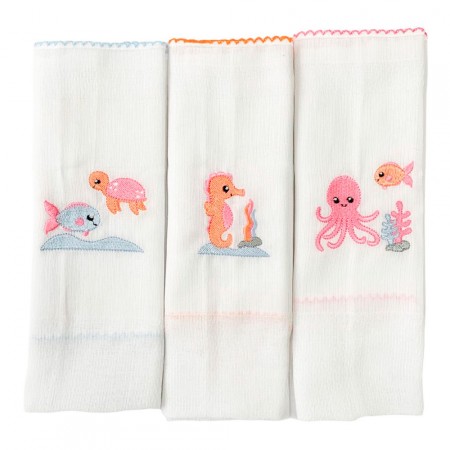 Conjunto 3 Fraldas para Bebê Cremer Luxo Bordado Fundo do Mar Rosa