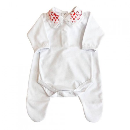 Conjunto Clássico 2 Peças para Bebê Gola Passarinho Branco/Vermelho- Tamanho Único