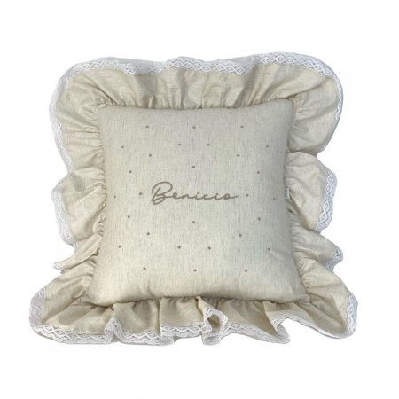 Almofada Quadrada com Babado Benício Personalizada Linho Bege